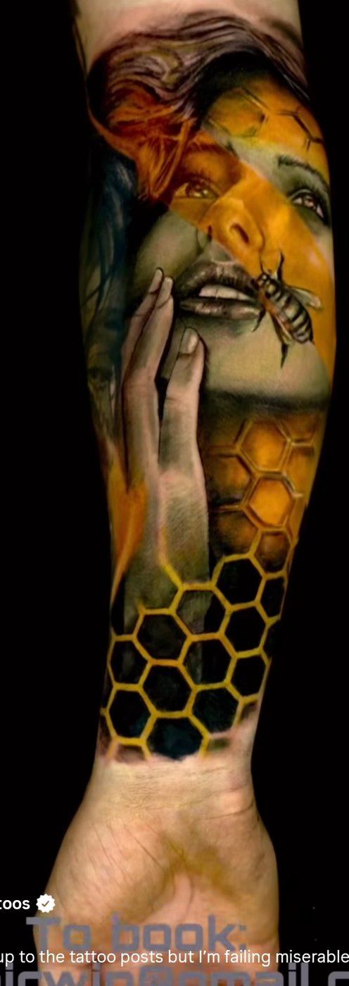 Surreal color portrait tattoo with honeycomb and bee