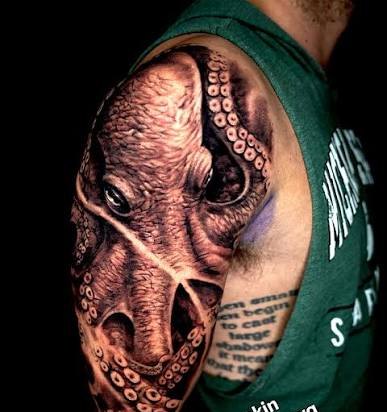 Black and grey octopus half sleeve tattoo