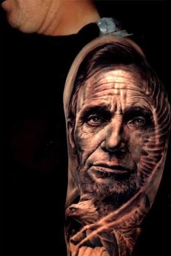 Abraham Lincoln portrait with eagle black and grey tattoo