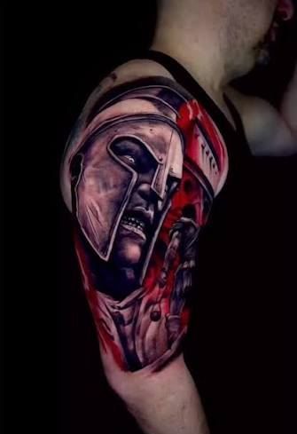 Spartan warrior tattoo with red accents