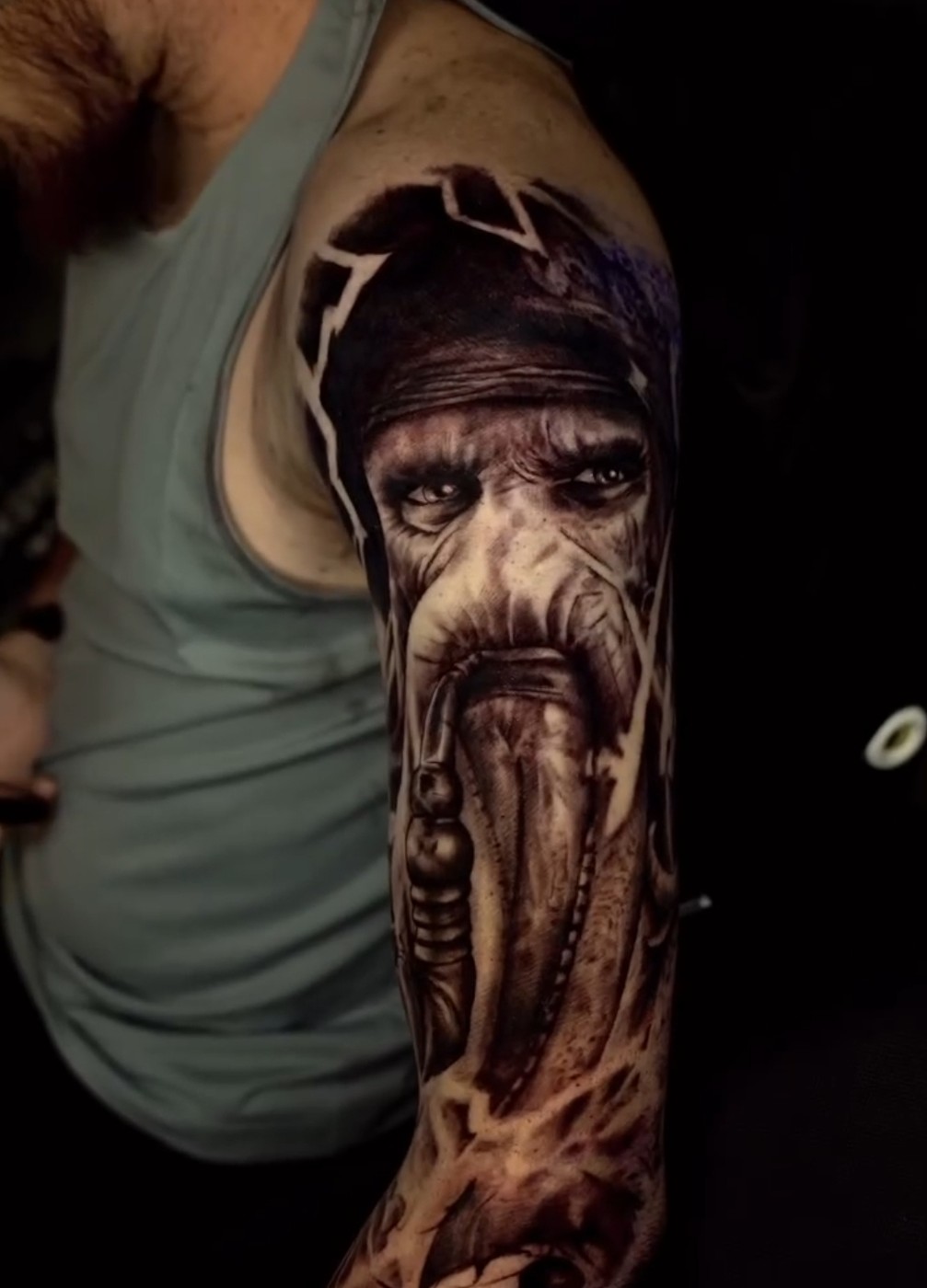 Viking warrior black and grey forearm tattoo with armor by Bubba Irwin, historical realism